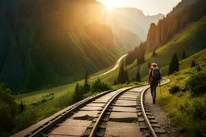 un hombre caminando a lo largo un ferrocarril pista en el montañas. generado por ai foto