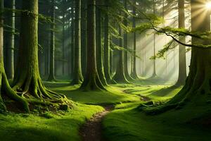 a path through a forest with trees and grass. AI-Generated photo