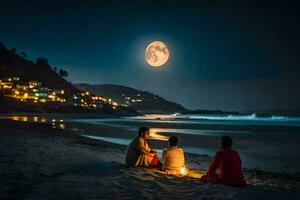Tres personas sentado en el playa con un lleno Luna en el antecedentes. generado por ai foto