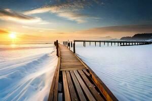 a wooden boardwalk leads to the beach at sunset. AI-Generated photo