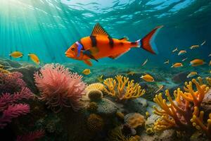 an underwater scene with an orange fish and coral. AI-Generated photo
