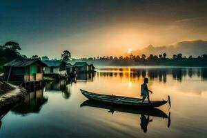 un hombre en un barco en el agua a amanecer. generado por ai foto