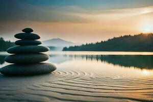 a stack of stones sits on the shore of a lake at sunset. AI-Generated photo