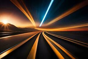 a long exposure photograph of a train going down the road. AI-Generated photo