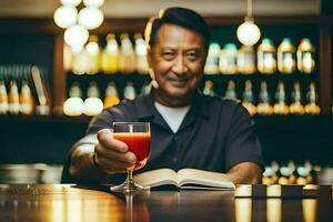 un hombre participación un vaso de rojo líquido en frente de un libro. generado por ai foto