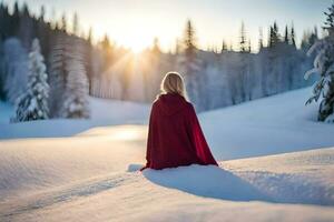 a woman in a red cloak sits on the snow. AI-Generated photo