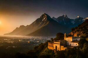 el Dom conjuntos terminado un montaña pueblo en Italia. generado por ai foto