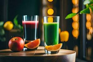 two glasses of juice with an apple and orange. AI-Generated photo
