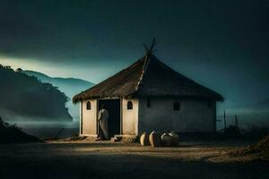 a man stands outside of a hut in the middle of a field. AI-Generated photo