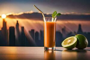 a glass of juice with a slice of lime and a slice of orange on a table in front. AI-Generated photo