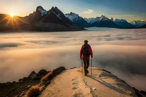 a man with trek poles stands on a mountain top overlooking the clouds. AI-Generated photo