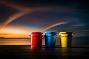 three colorful buckets sit on a wooden deck at sunset. AI-Generated photo