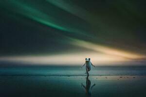 un mujer caminando en el playa debajo el Aurora luces. generado por ai foto
