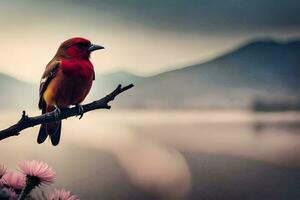 a red bird sits on a branch near a lake. AI-Generated photo