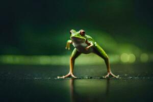 a frog standing on its hind legs on a dark background. AI-Generated photo