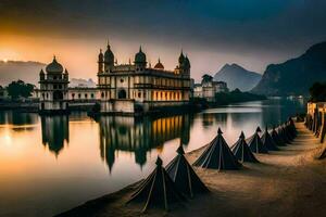 el palacio de udaipur a puesta de sol. generado por ai foto