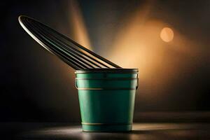 a green bucket with a metal spatula in it. AI-Generated photo