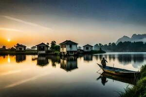 a man is standing on a boat in front of a house at sunrise. AI-Generated photo