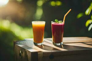 dos lentes de jugo en un de madera mesa. generado por ai foto