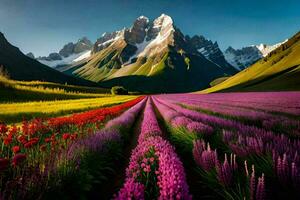 un campo de flores y montañas en el antecedentes. generado por ai foto