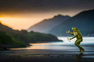 un rana saltando en el playa a puesta de sol. generado por ai foto