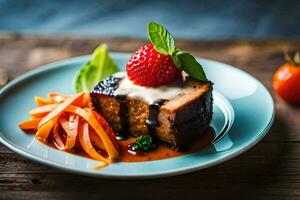 a piece of cake with strawberries and carrots on a plate. AI-Generated photo