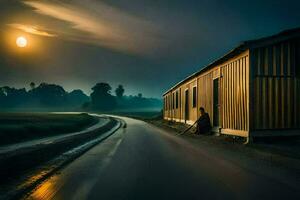 a man sitting on the side of a road in front of a barn. AI-Generated photo