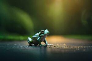 a frog sitting on the ground in the dark. AI-Generated photo