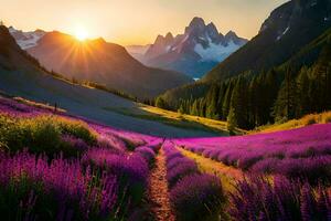 the sun rises over lavender fields in the mountains. AI-Generated photo