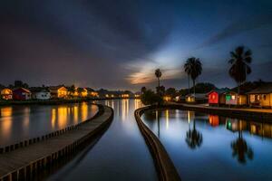 un largo puente terminado un canal a noche con casas y palma arboles generado por ai foto