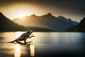 un rana es sentado en el apuntalar de un lago a puesta de sol. generado por ai foto