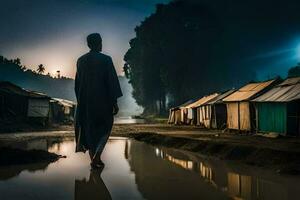 un hombre camina mediante un charco en frente de un pueblo a noche. generado por ai foto