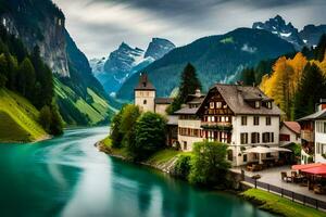 photo wallpaper mountains, river, house, the alps, switzerland, the alps,. AI-Generated