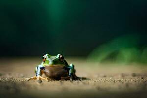 un rana sentado en el suelo con un verde antecedentes. generado por ai foto