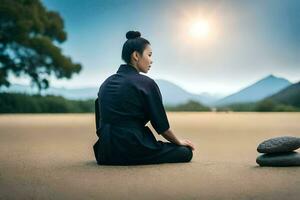 a woman in black sitting on the ground with stones. AI-Generated photo