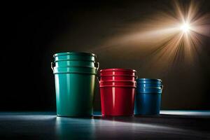 three colorful buckets on a dark floor. AI-Generated photo