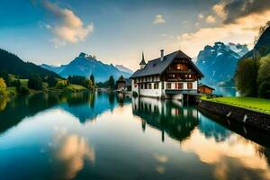 a house sits on the shore of a lake with mountains in the background. AI-Generated photo