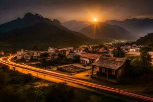 el Dom conjuntos terminado un pueblo en el montañas. generado por ai foto