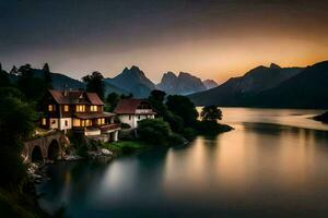 un casa se sienta en el borde de un lago a puesta de sol. generado por ai foto