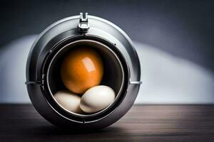 an egg in a metal container with two eggs. AI-Generated photo