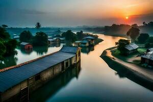 a river runs through a village at sunset. AI-Generated photo