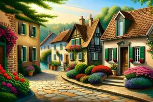 a painting of a street with flowers and houses. AI-Generated photo