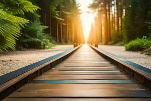 a wooden train track leading to the sun. AI-Generated photo