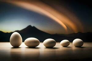 eggs in a row, with mountains in the background. AI-Generated photo