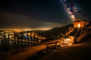the milky shines brightly over a small hut on a hill. AI-Generated photo