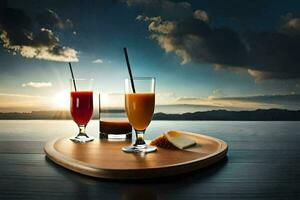 two glasses of orange juice and cheese on a wooden tray. AI-Generated photo