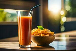 a glass of orange juice with a straw and a bowl of carrots. AI-Generated photo