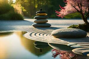 un zen jardín con piedras y un árbol. generado por ai foto