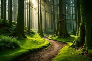 un camino mediante un verde bosque con arboles y rayos de sol generado por ai foto