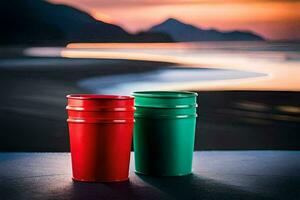 dos rojo y verde tazas sentado en un mesa en frente de un puesta de sol. generado por ai foto